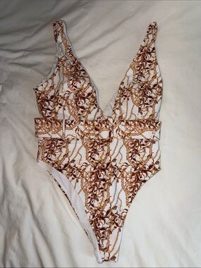 Meshki White One-Piece Swimsuit with Brown Chain Print